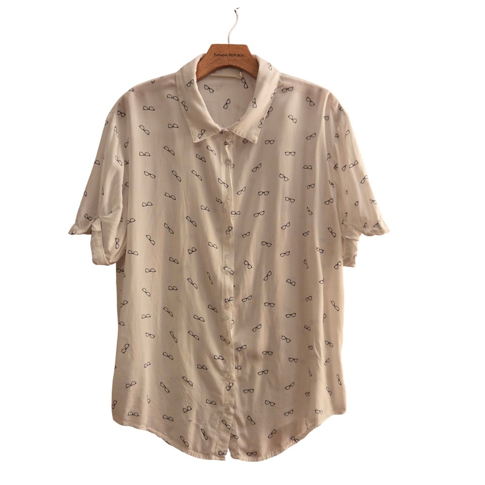 Ellison Womens White Short Sleeve Eyeglasses Print Button Up Shirt Top Sz L